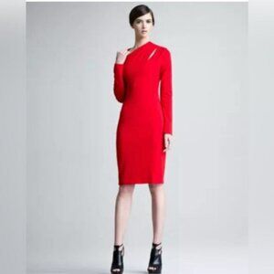Escada  Red Asymmetrical Neck Cut Out Ponte Sheath Long Sleeve  Dress  Size 38